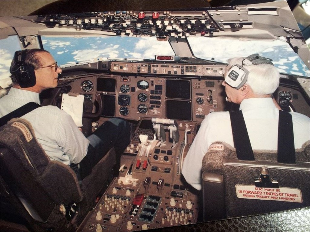 Prince Philip & Lew Wallick in 767 cockpit, in flight