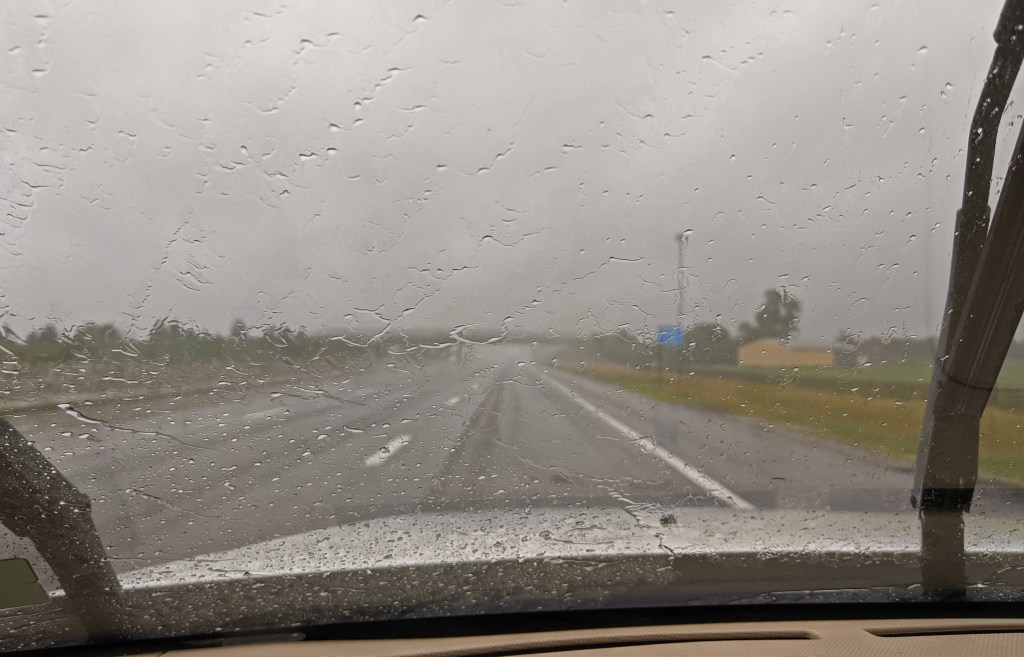 Rain through the windshield.