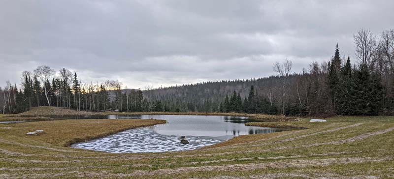 A pond in a field, one end frozen with some snow on the ice.